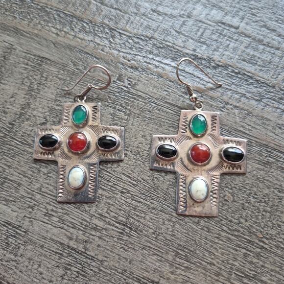 Vintage Taxco Mexico Sterling 925 Signed Cross Earrings Inlay Stones TM-247 - Picture 1 of 10